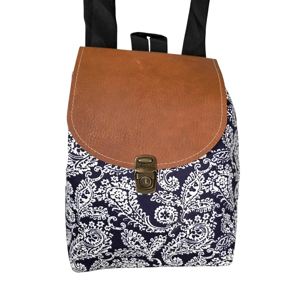 Unbranded Mini Backpack Women Small Navy White Paisley Fair Faux‎ Leather Trim